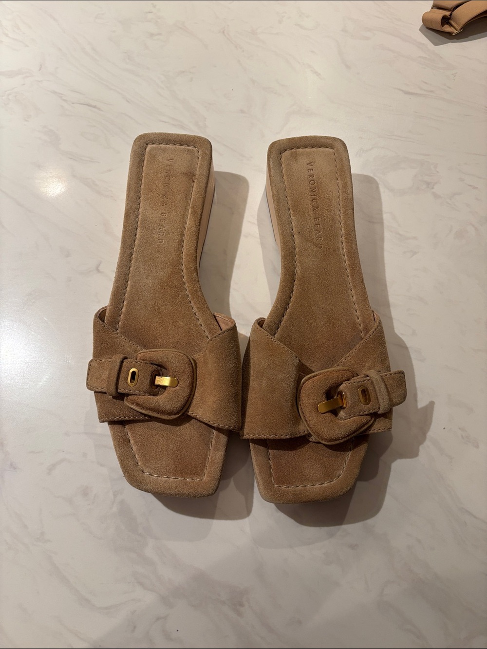 Veronica Beard Tan Suede Buckle Slide Mules